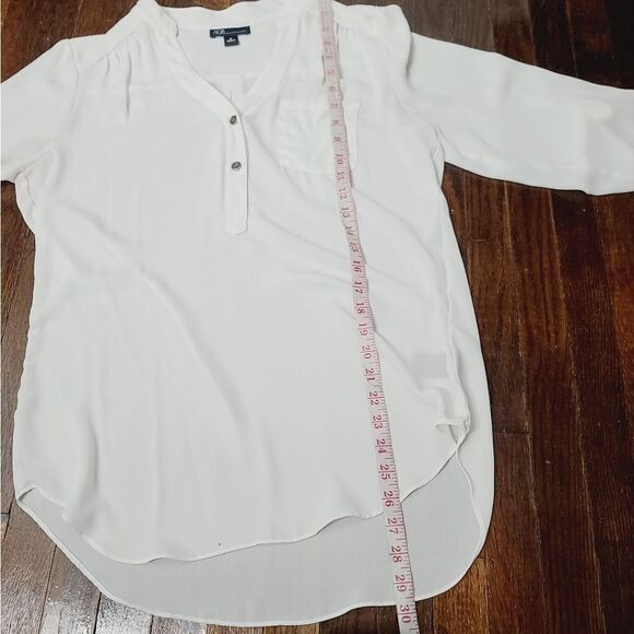 AGB White Semi Sheer Half Button Career Roll Sleeve Top Medium - Picture 7 of 10